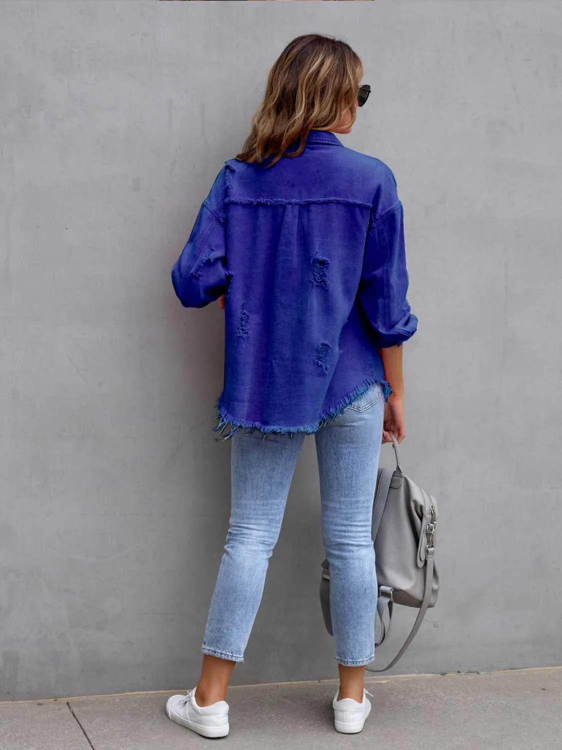 Distressed Drop Shoulder Cotton Denim Shacket - 8 colors