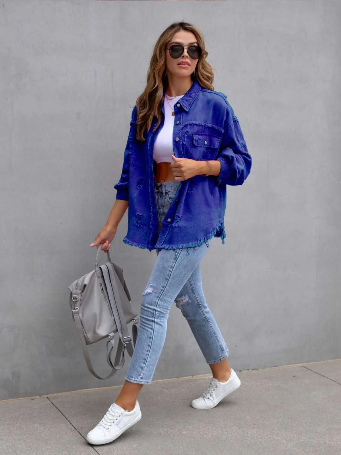 Distressed Drop Shoulder Cotton Denim Shacket - 8 colors