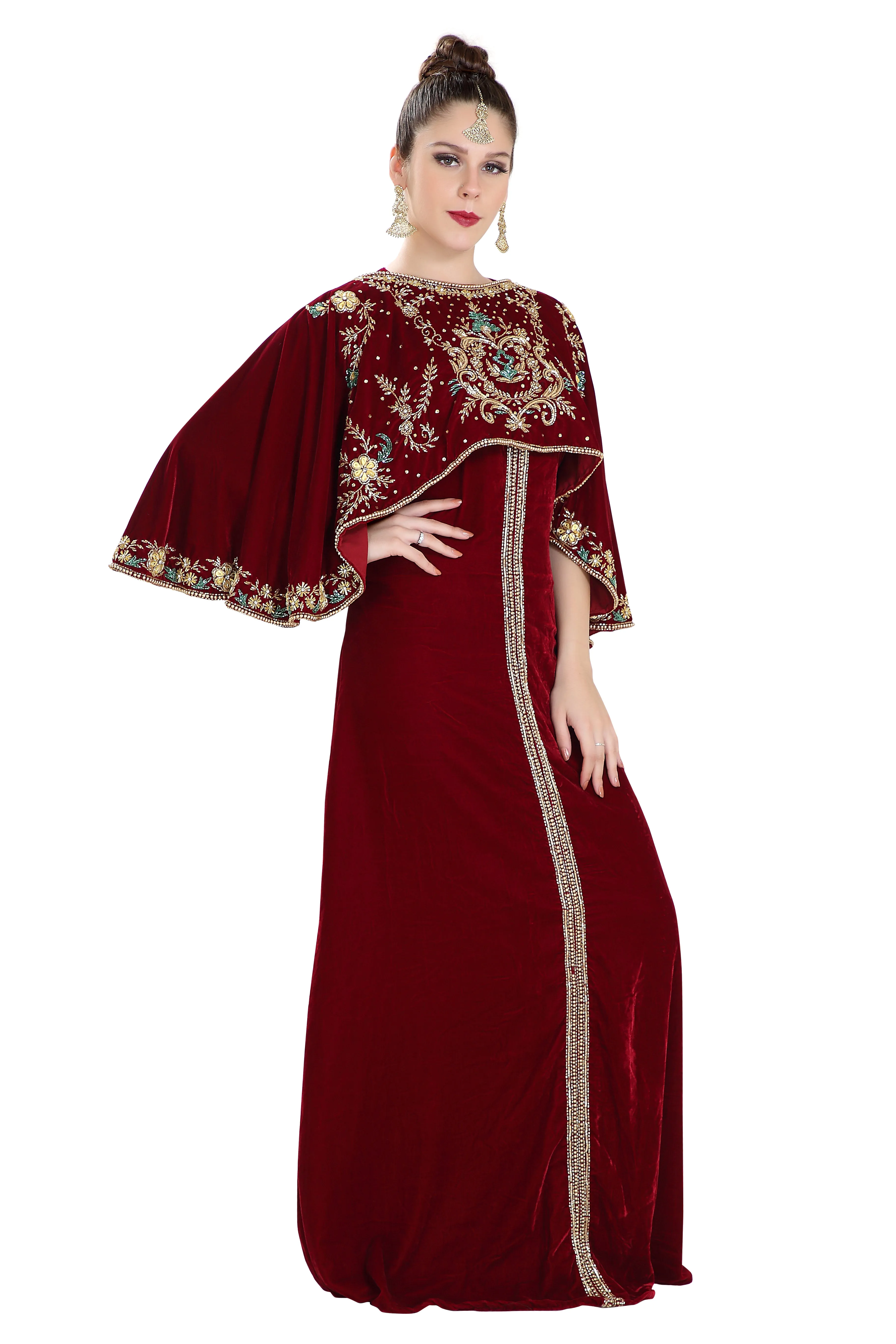 Embroidered Maxi in Maroon Velvet Fabric