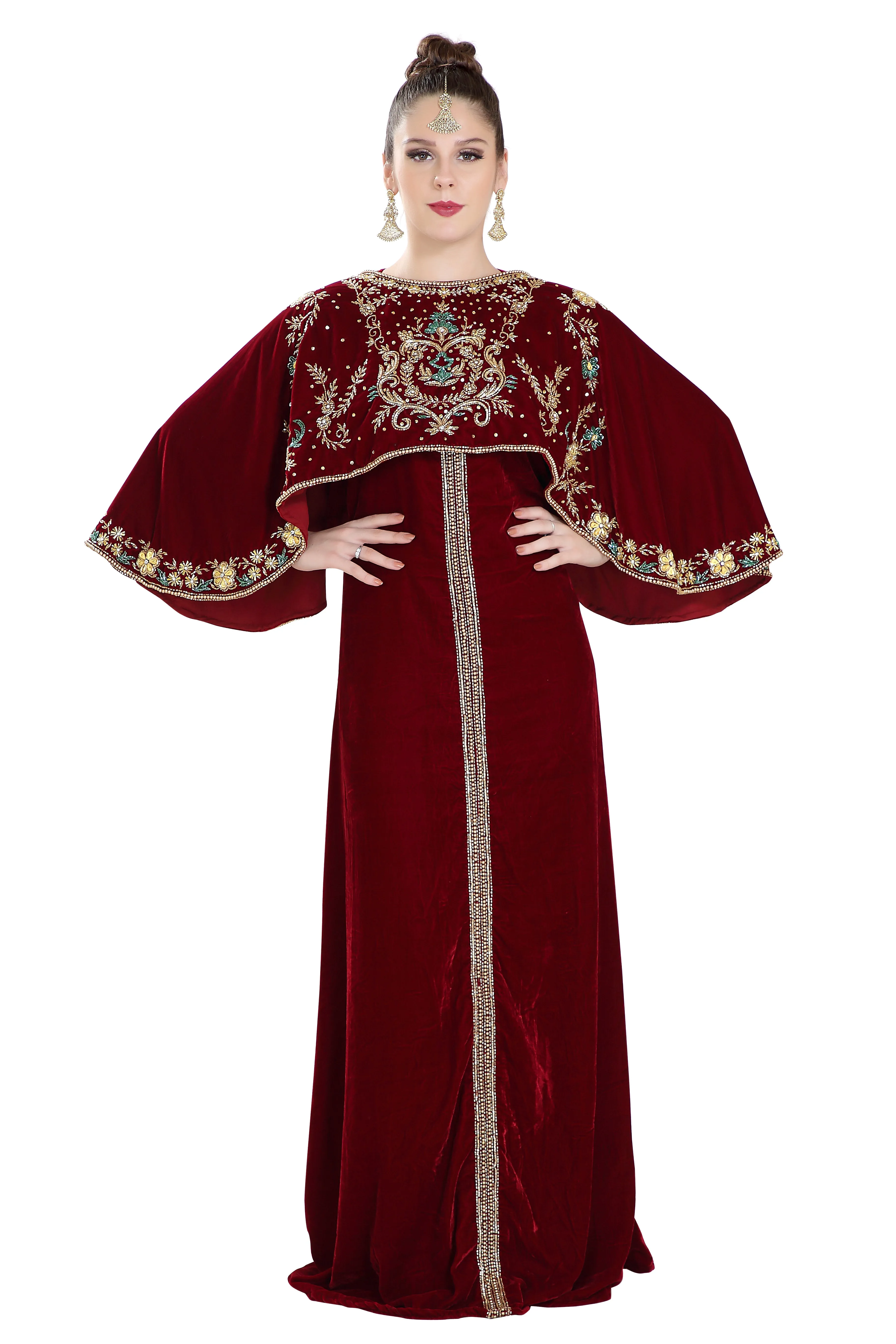 Embroidered Maxi in Maroon Velvet Fabric