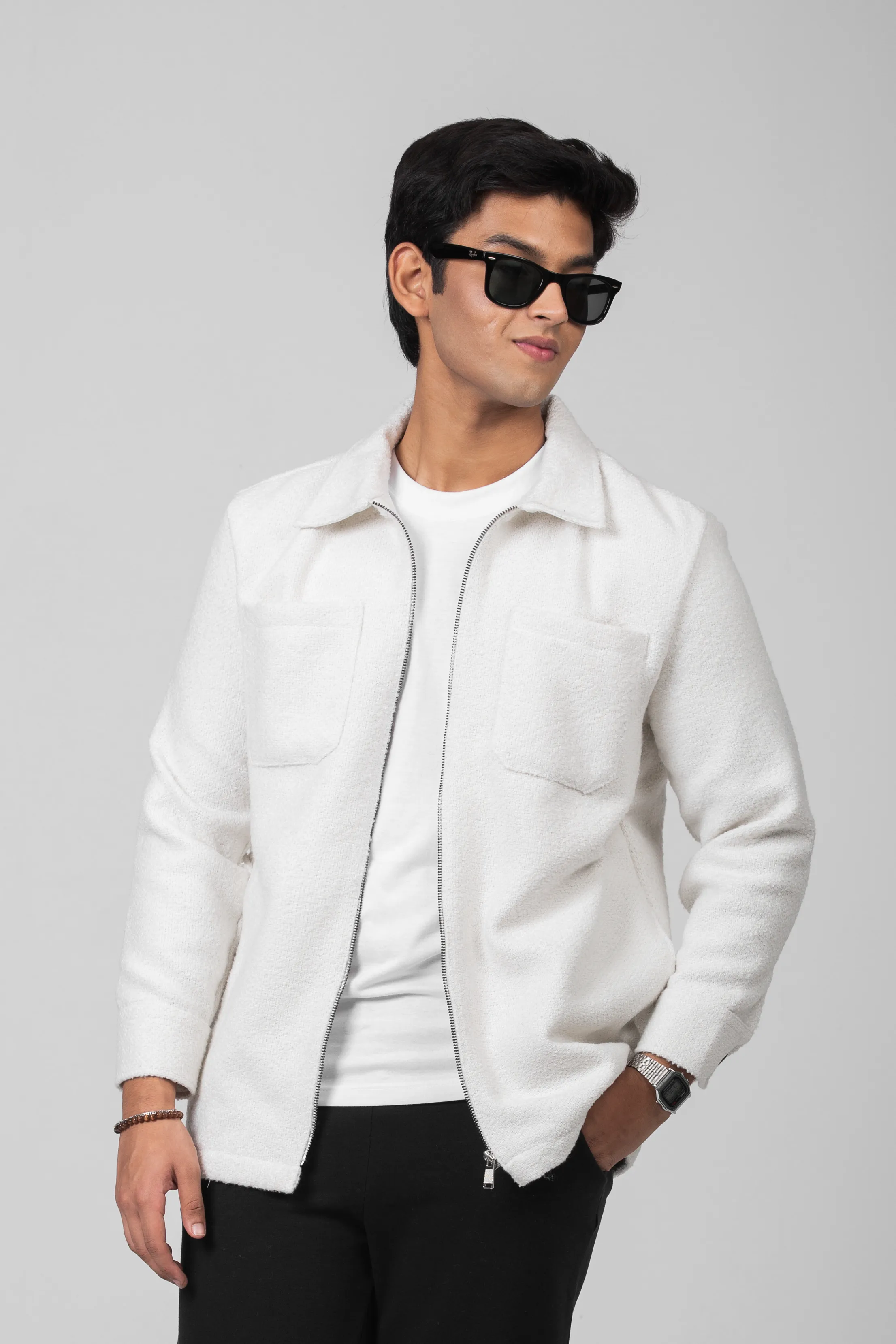 Fleece Zip Through Shacket | White Pearl