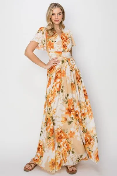 Floral Tie Back Short Sleeve Slit Maxi Dress