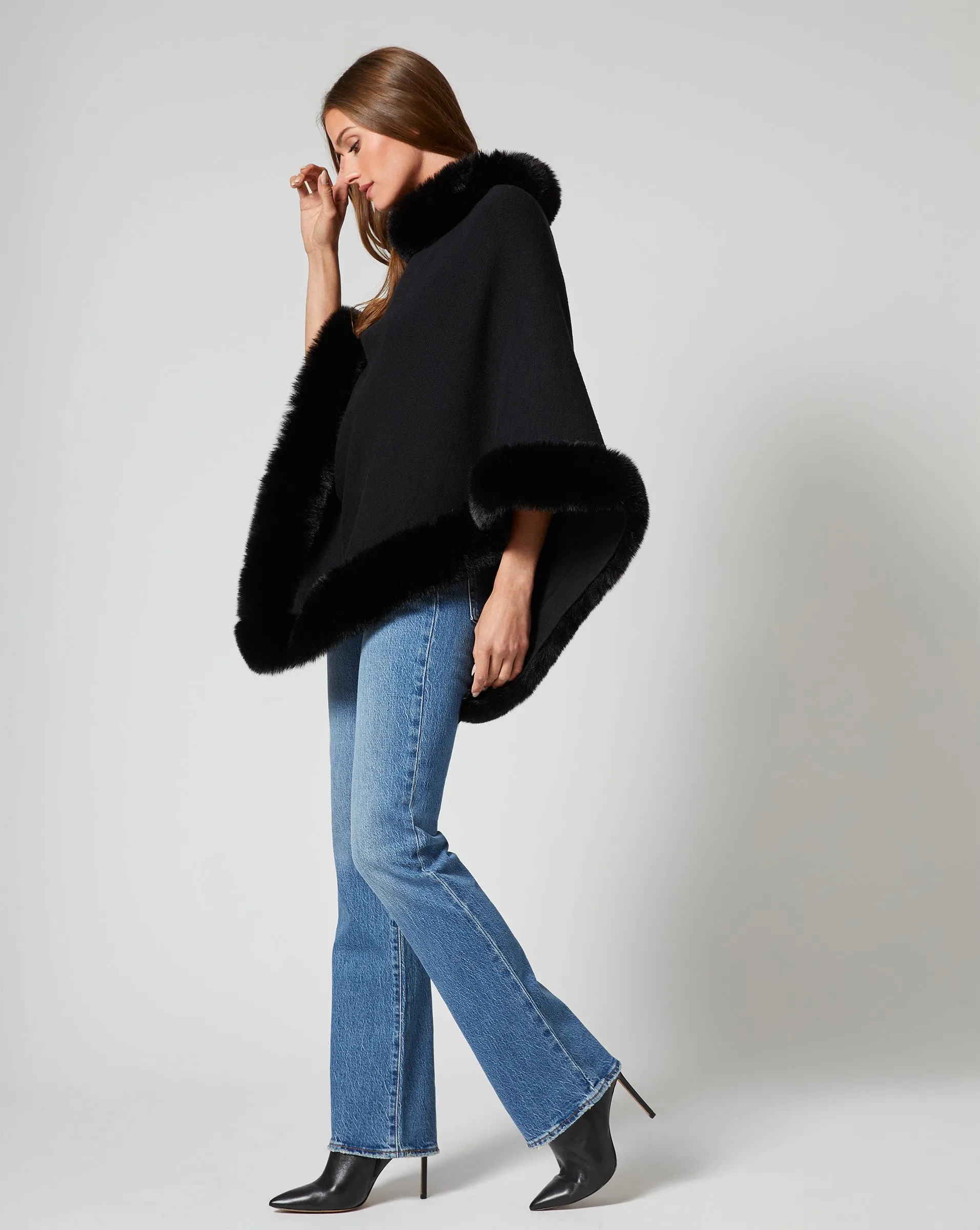 Fox Faux Fur Trim Sweater Poncho