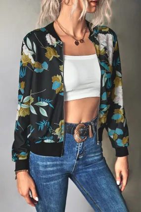 Front Open Zipper Floral Print Autumn Outfits Jackets