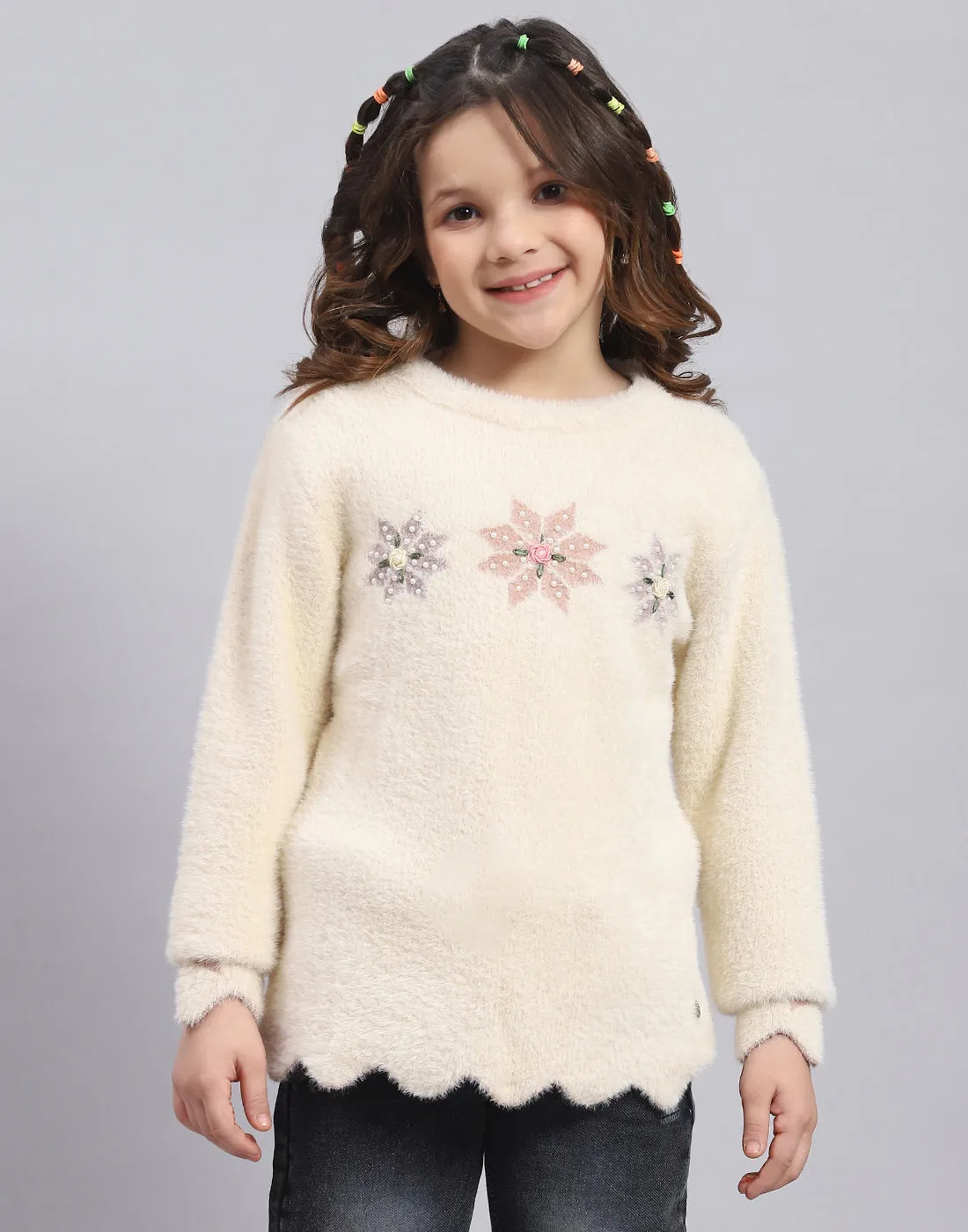 Girls Beige Embellished Round Neck Full Sleeve Sweater