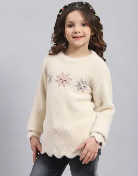 Girls Beige Embellished Round Neck Full Sleeve Sweater