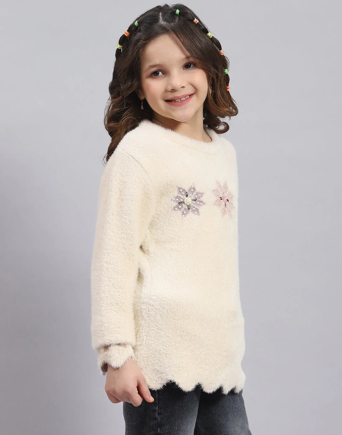 Girls Beige Embellished Round Neck Full Sleeve Sweater