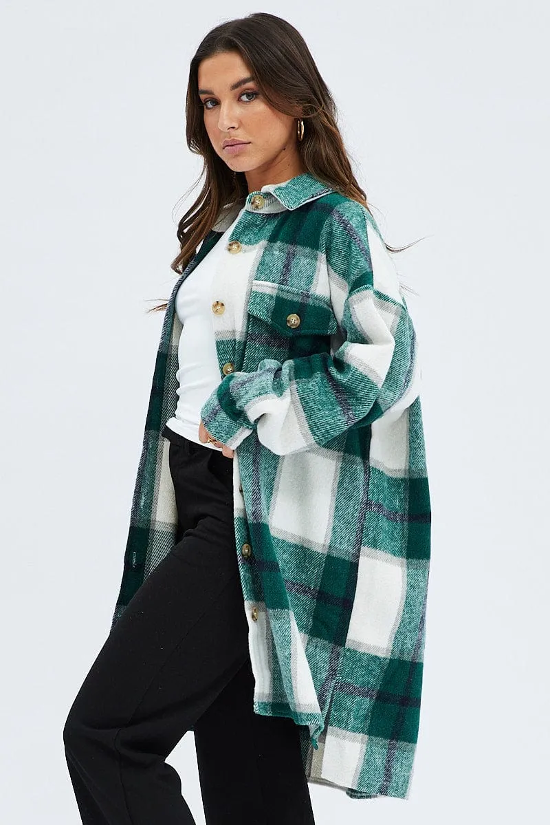 Green Check Long Shacket Long Sleeve