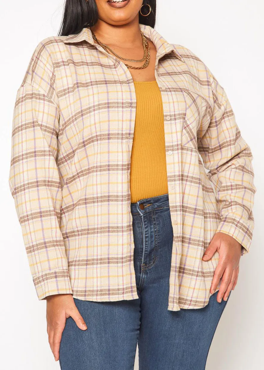 Hi Curvy Plus Size Women Plaid Print Collar Shacket Long Sleeves