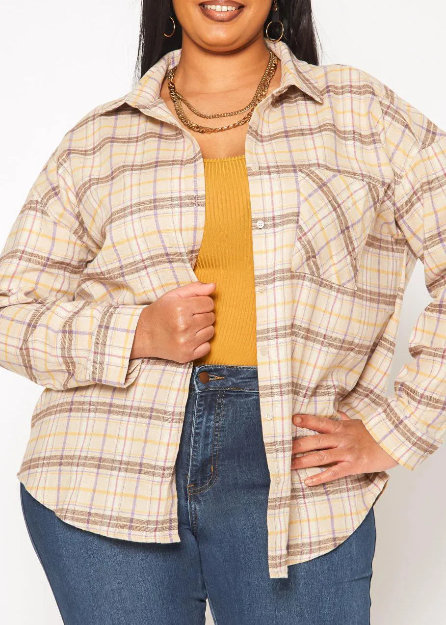 Hi Curvy Plus Size Women Plaid Print Collar Shacket Long Sleeves