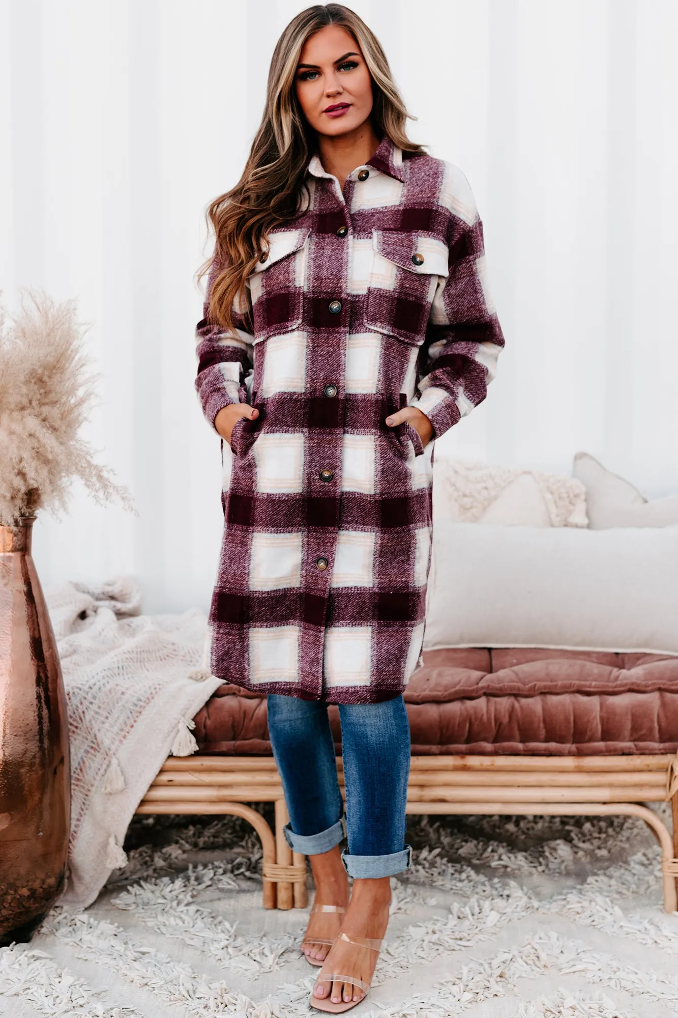 Hill Country Hideaway Long Plaid Shacket (Burgundy)