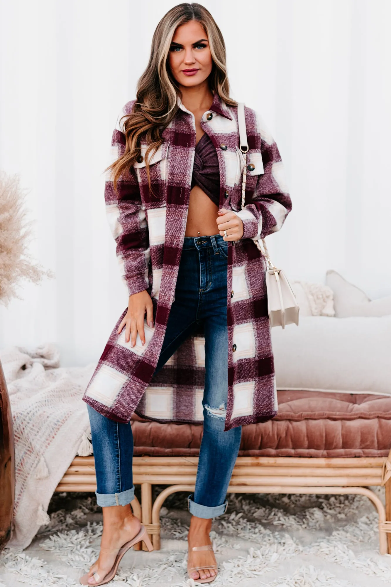 Hill Country Hideaway Long Plaid Shacket (Burgundy)