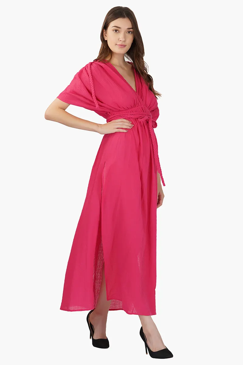 Hot Pink Cotton Dobby Maxi Dress