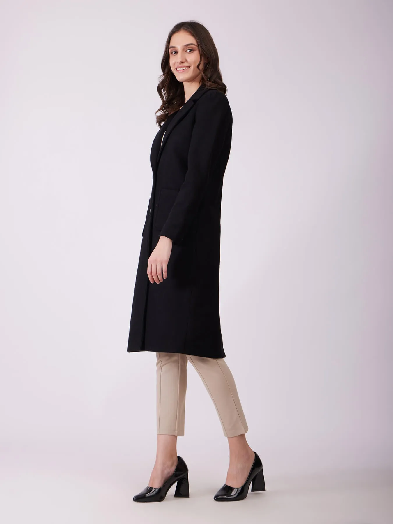 Long Felted Lined Overcoat - Black