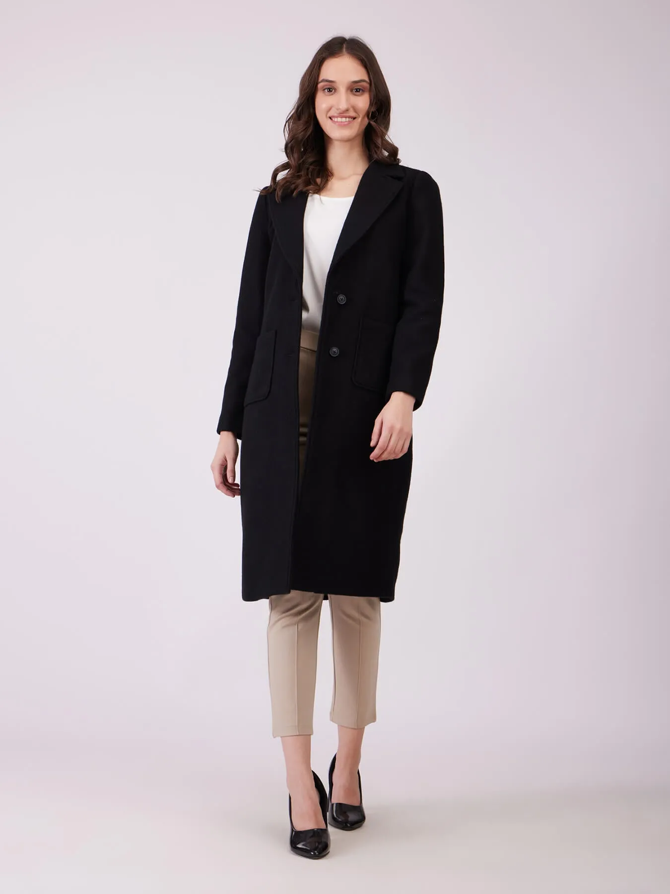 Long Felted Lined Overcoat - Black