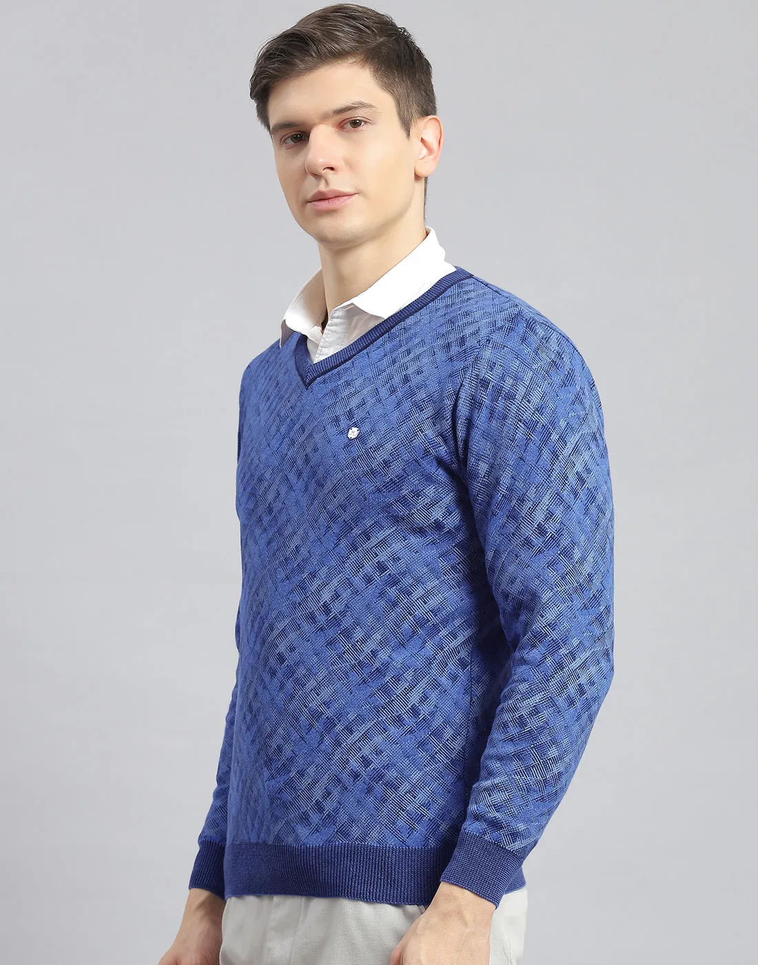 Men Blue Self Design V Neck Full Sleeve Pullover