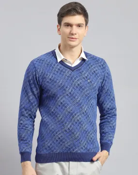 Men Blue Self Design V Neck Full Sleeve Pullover