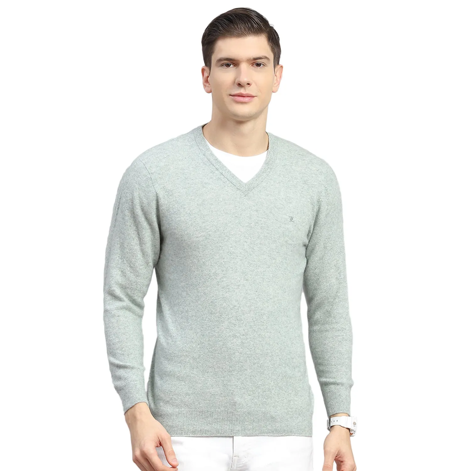 Men Green Solid V Neck Full Sleeve Sweater