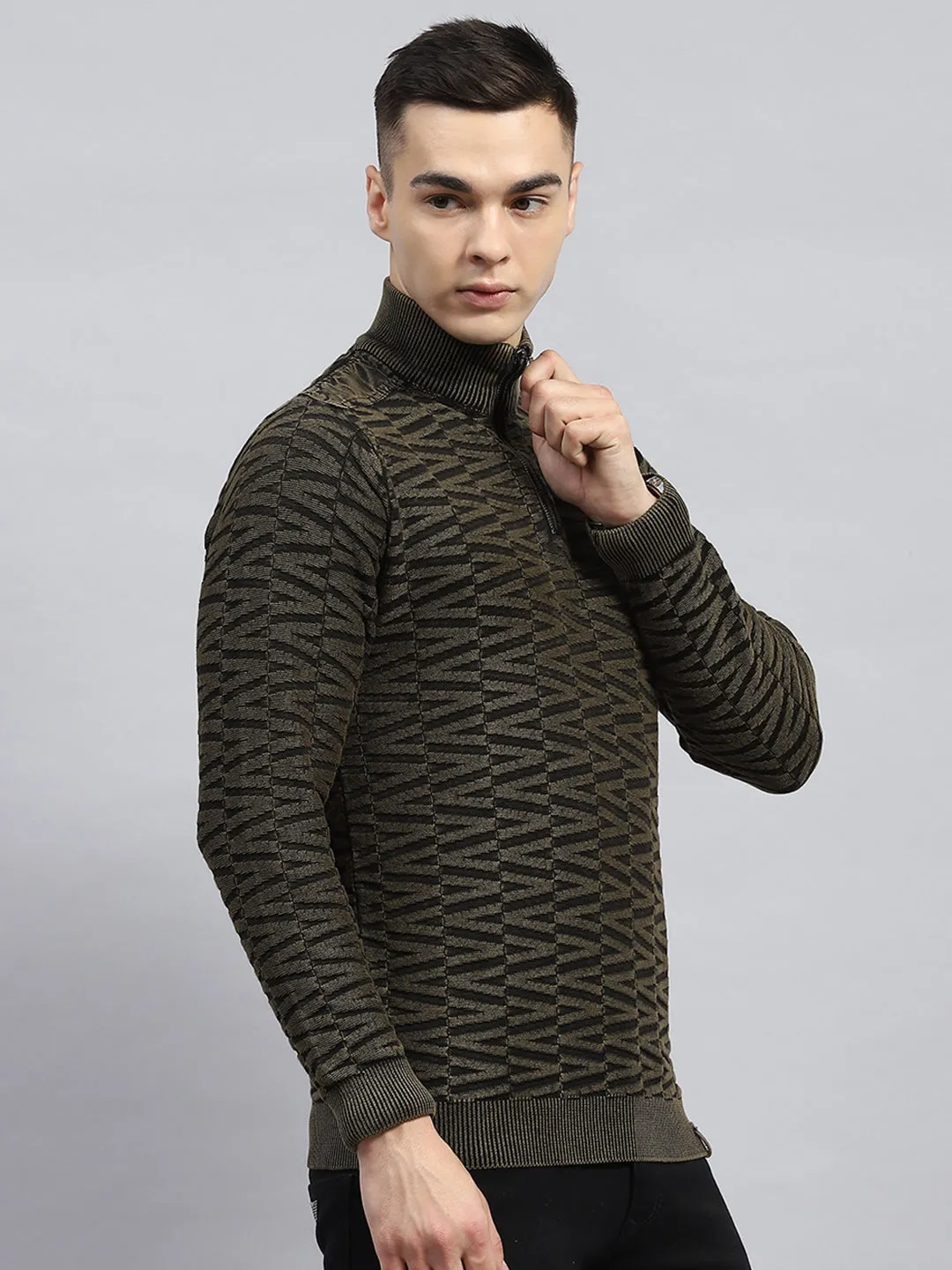 Men Olive Self Design High Neck Full Sleeve Pullover