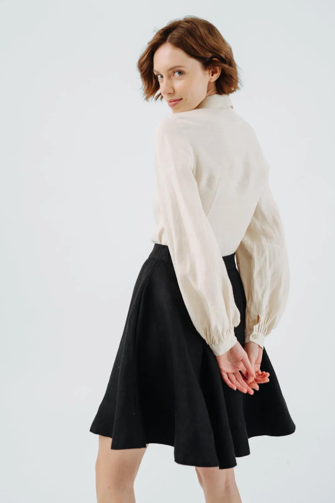 Mini Classic Skirt, Twill Linen, Black Herringbone