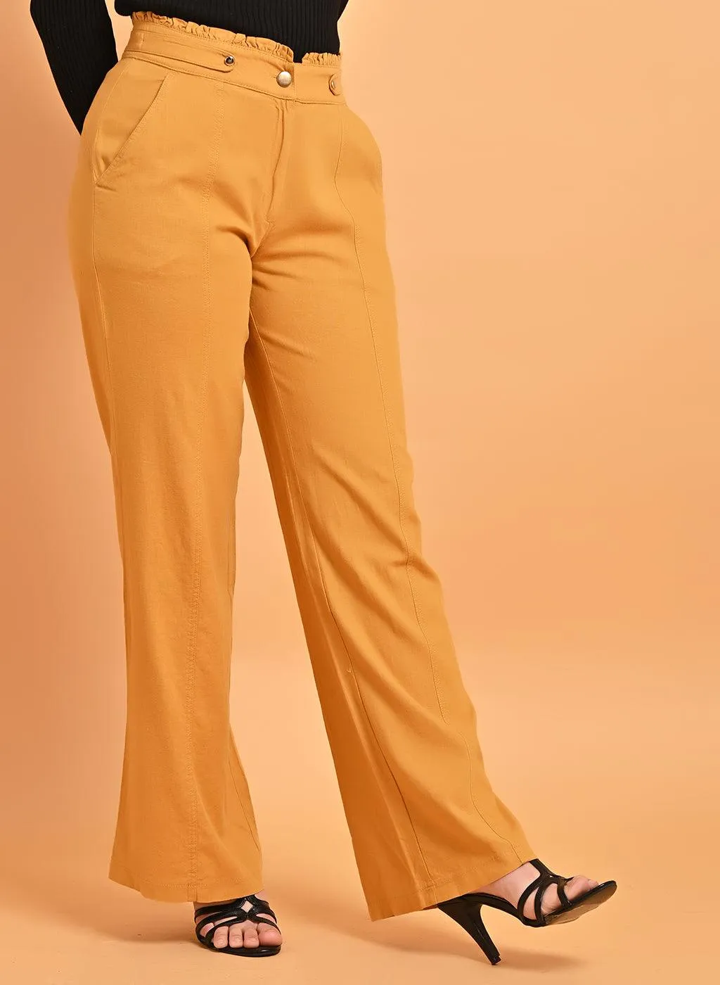 Mustard Flared Paneled Pant with Pleated Fabric Embellishment