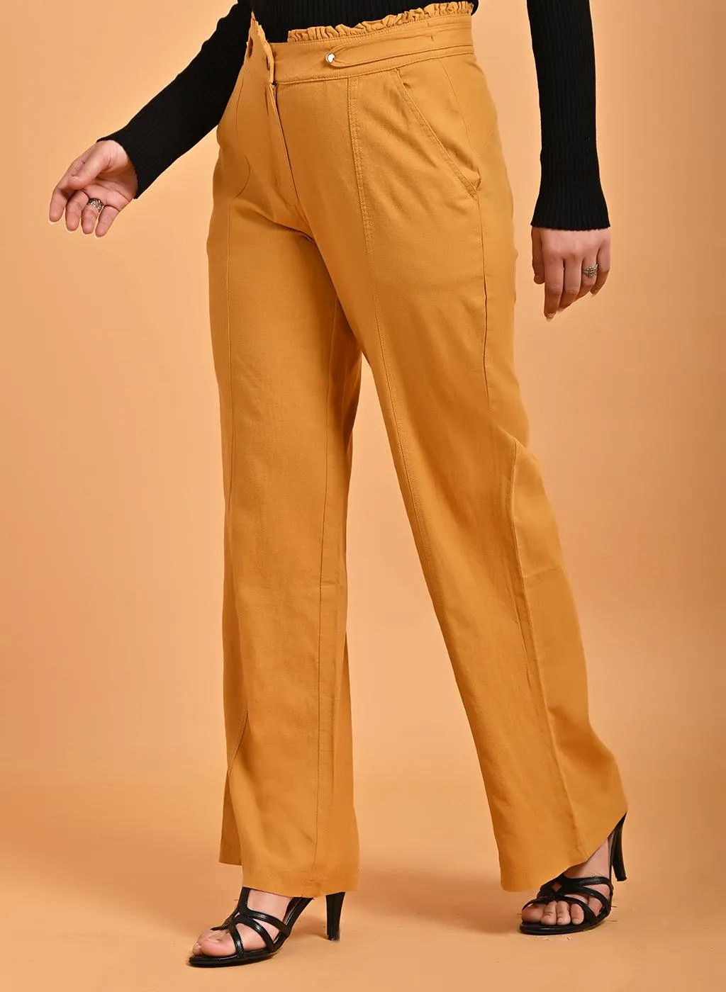 Mustard Flared Paneled Pant with Pleated Fabric Embellishment