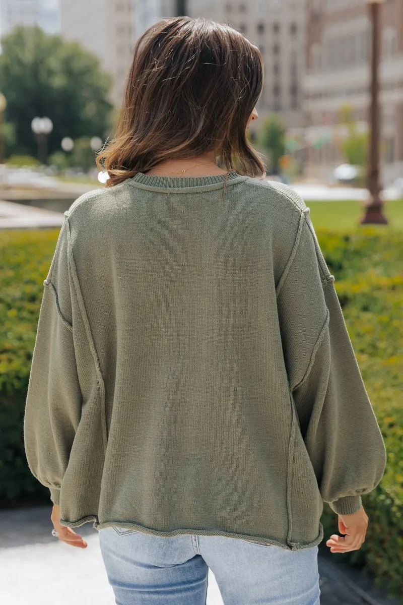 Olive Exposed Seam Pocket Sweater - FINAL SALE