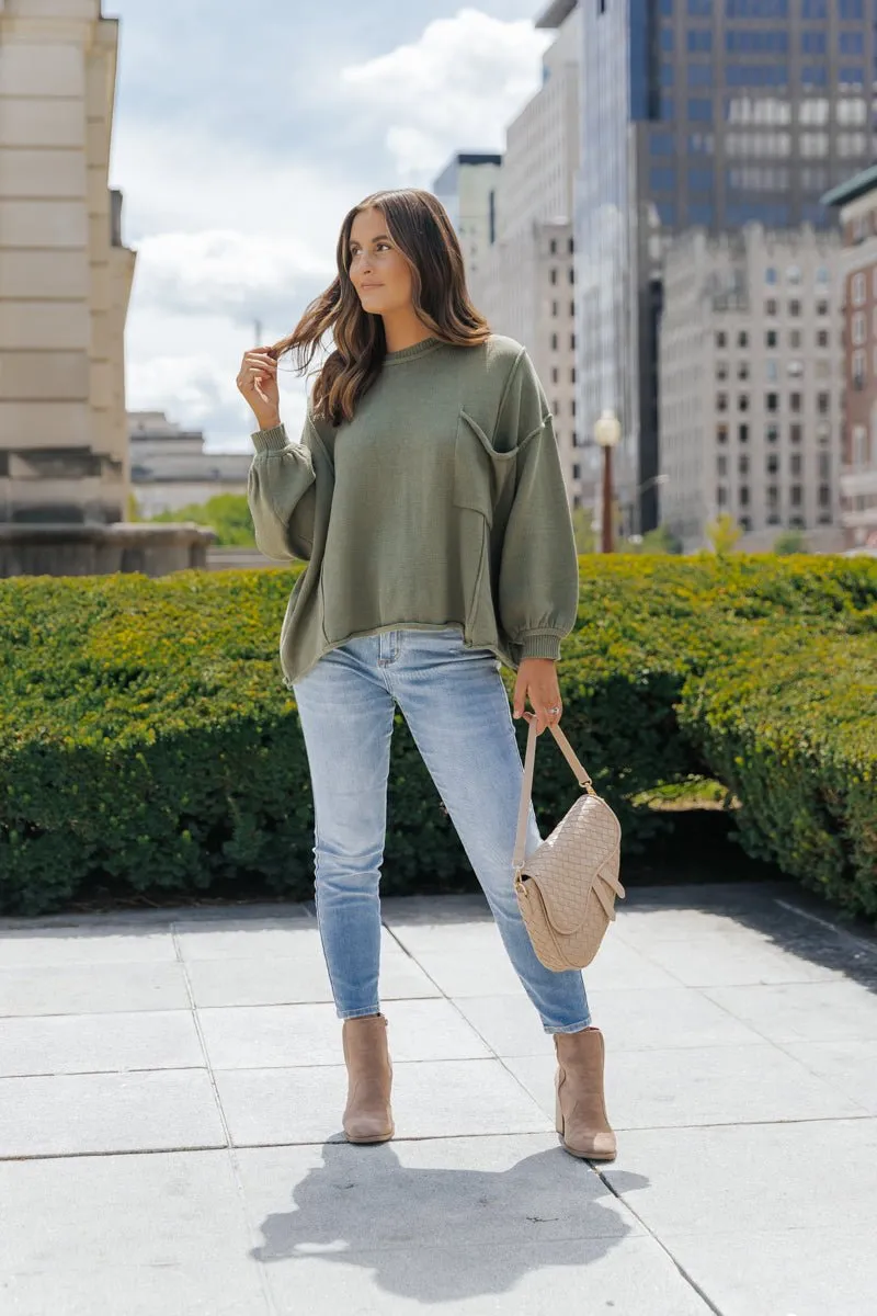 Olive Exposed Seam Pocket Sweater - FINAL SALE