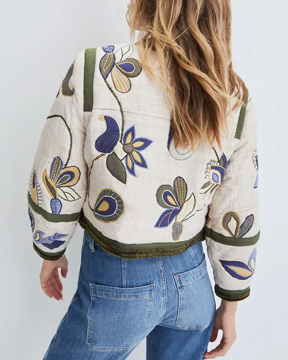 Oyster Embellished Collarless Benica Jacket