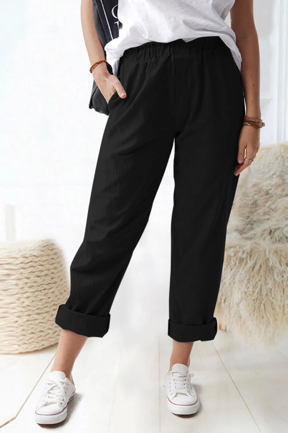 Paperbag Waist Pants with Pockets (Black/Khaki)