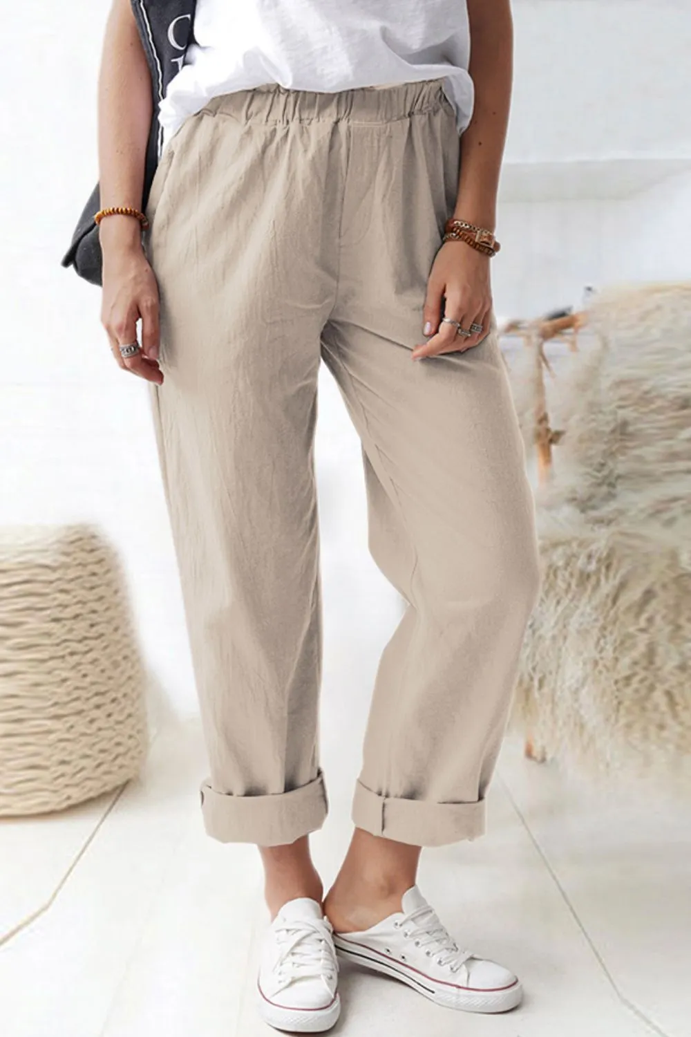 Paperbag Waist Pants with Pockets (Black/Khaki)