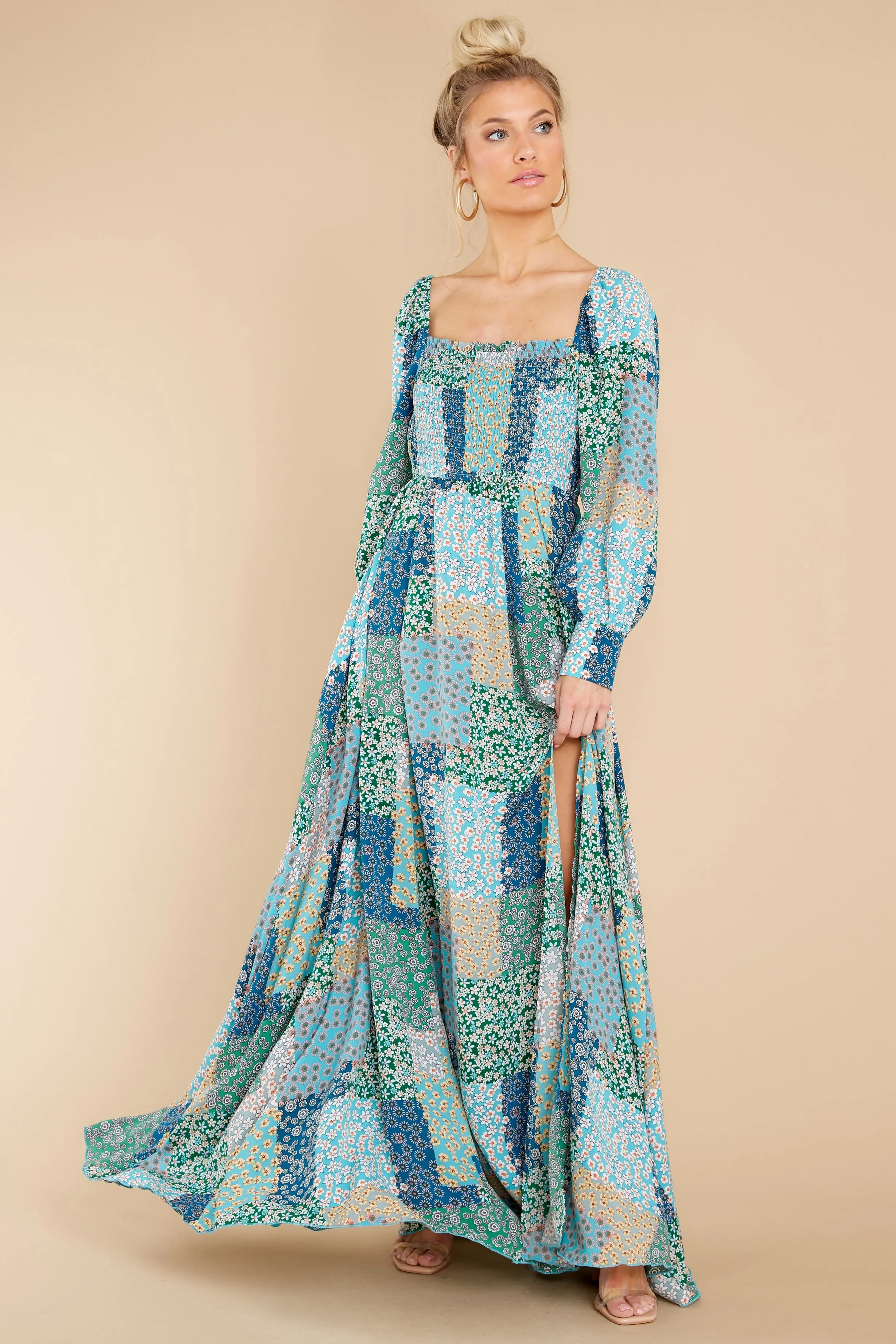 Patchwork Posies Green Floral Print Maxi Dress