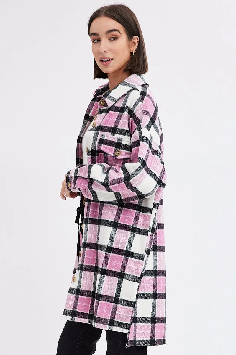 Pink Check Check Long Shacket Long Sleeve