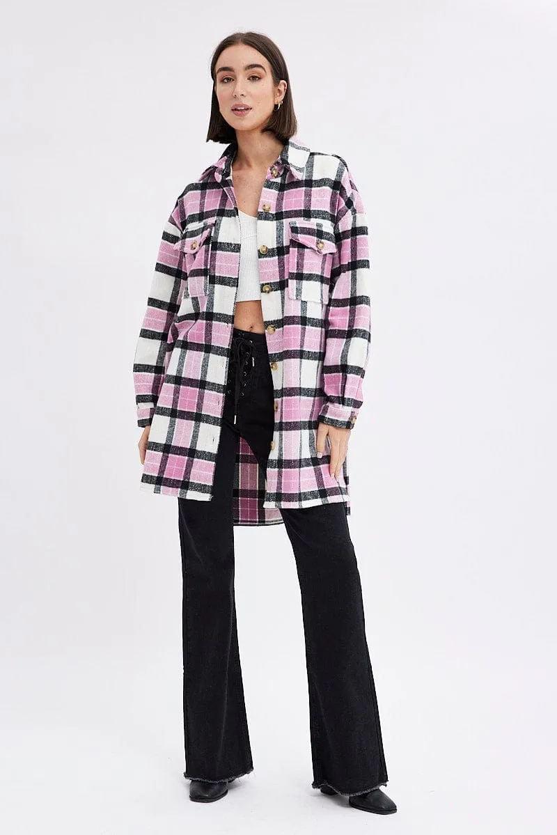 Pink Check Check Long Shacket Long Sleeve