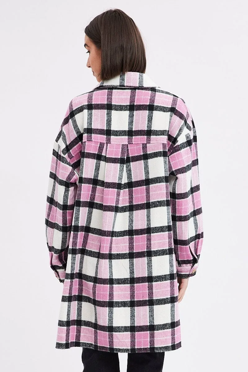 Pink Check Check Long Shacket Long Sleeve