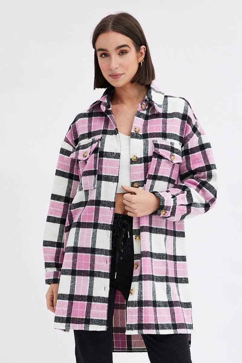 Pink Check Check Long Shacket Long Sleeve