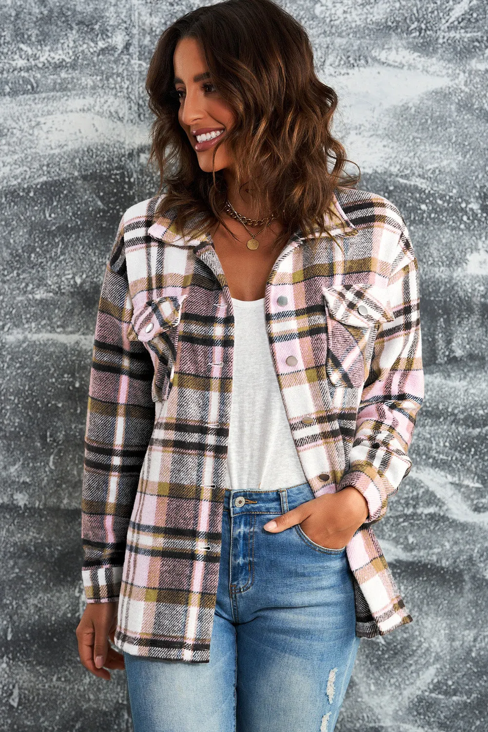 Plaid Button Front Shirt Jacket with Breast Pockets