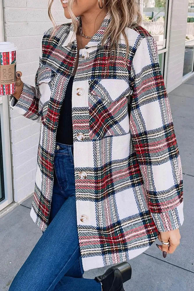 Plaid Button Pockets Long Sleeve Shacket