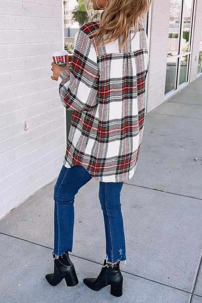 Plaid Button Pockets Long Sleeve Shacket