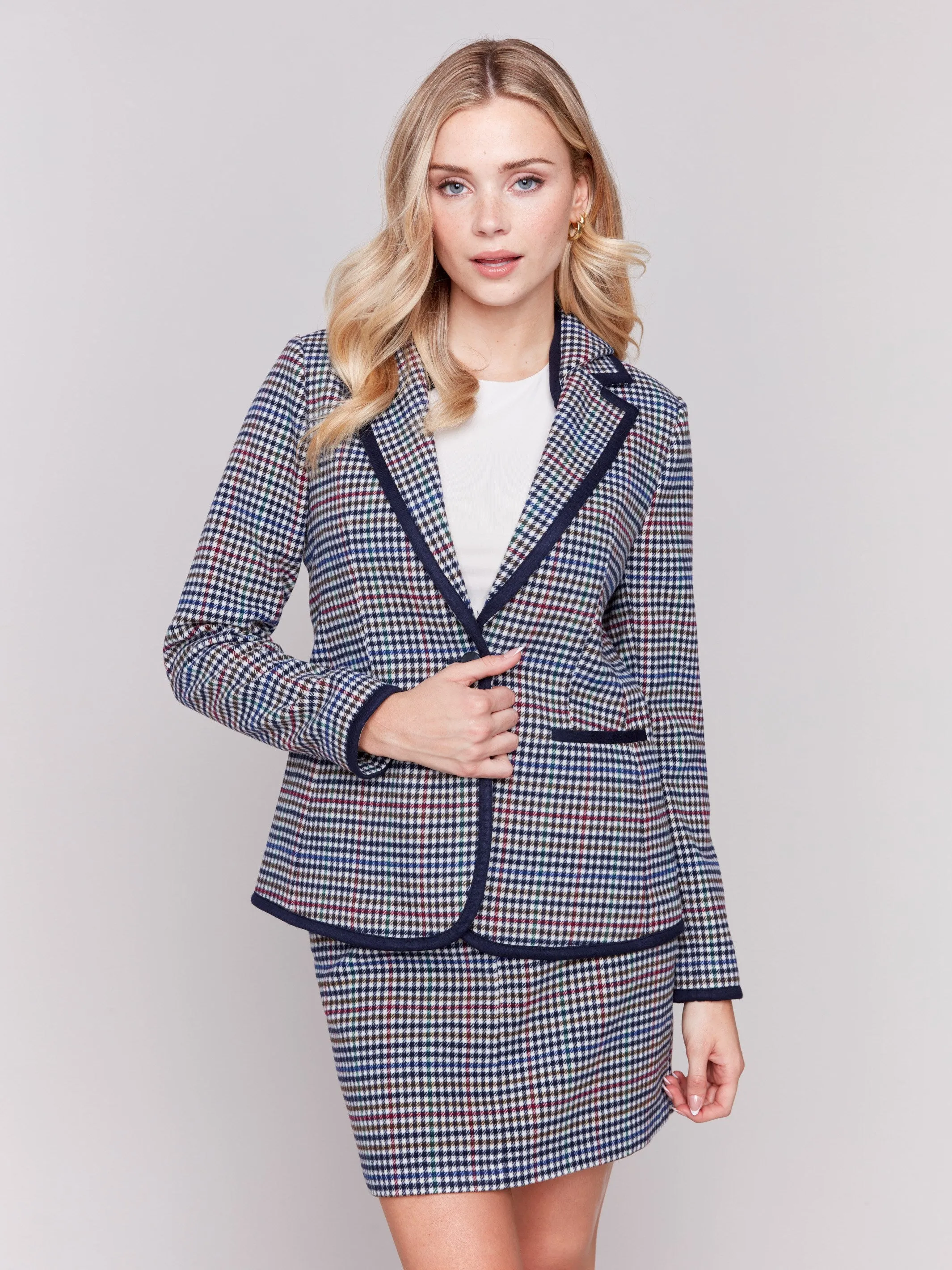 Plaid Woven Blazer with Hood - Almond