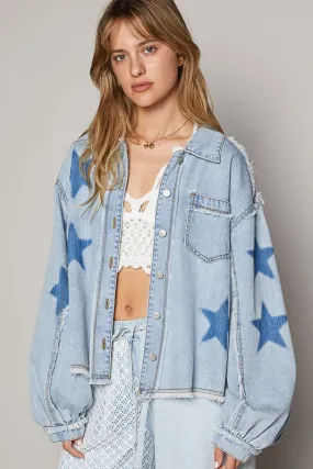 POL Oversize star prints raw edge denim shacket