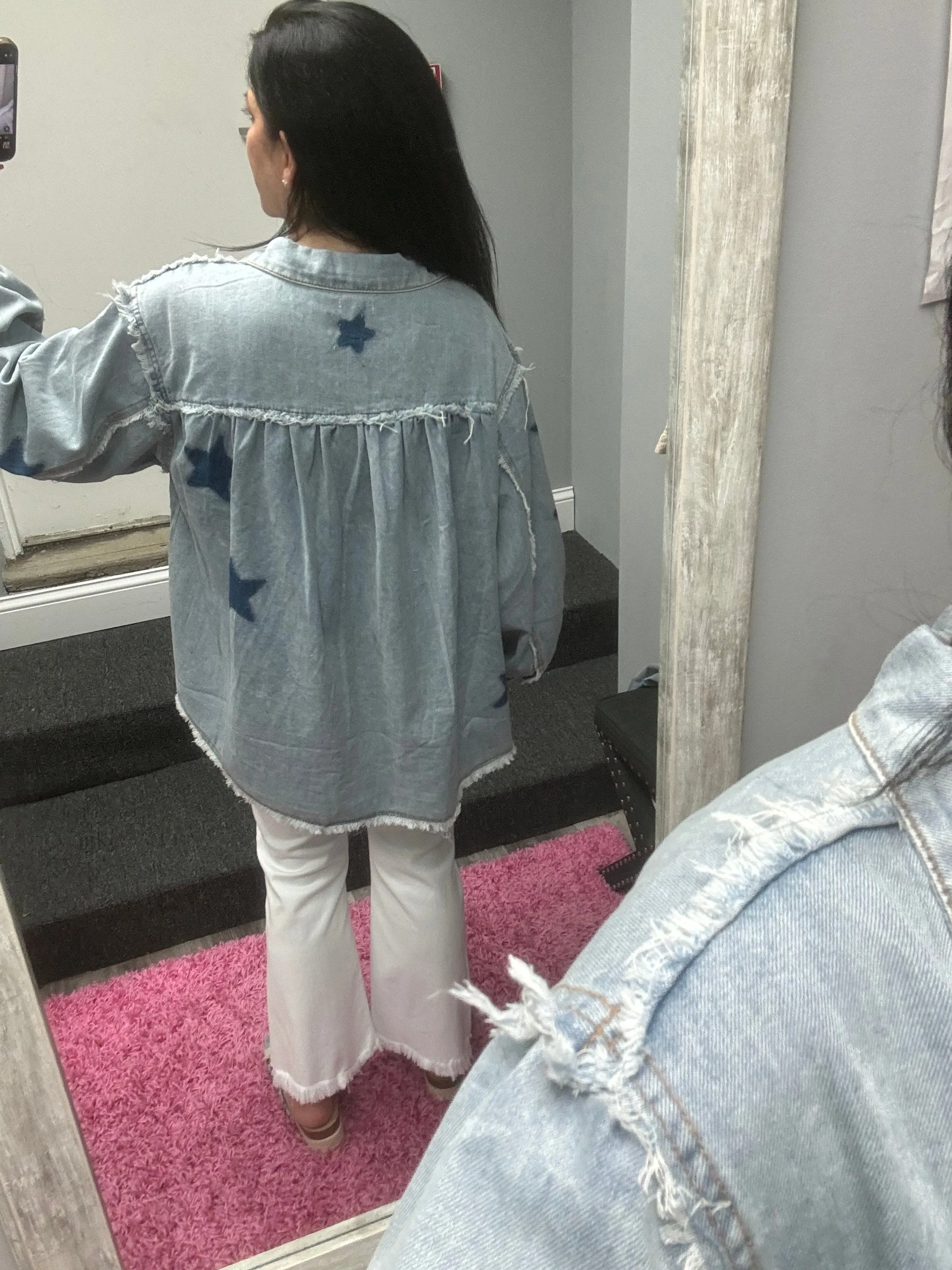 POL Oversize star prints raw edge denim shacket