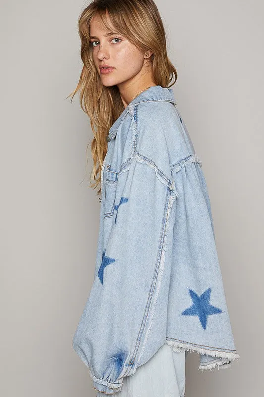 POL Oversize star prints raw edge denim shacket