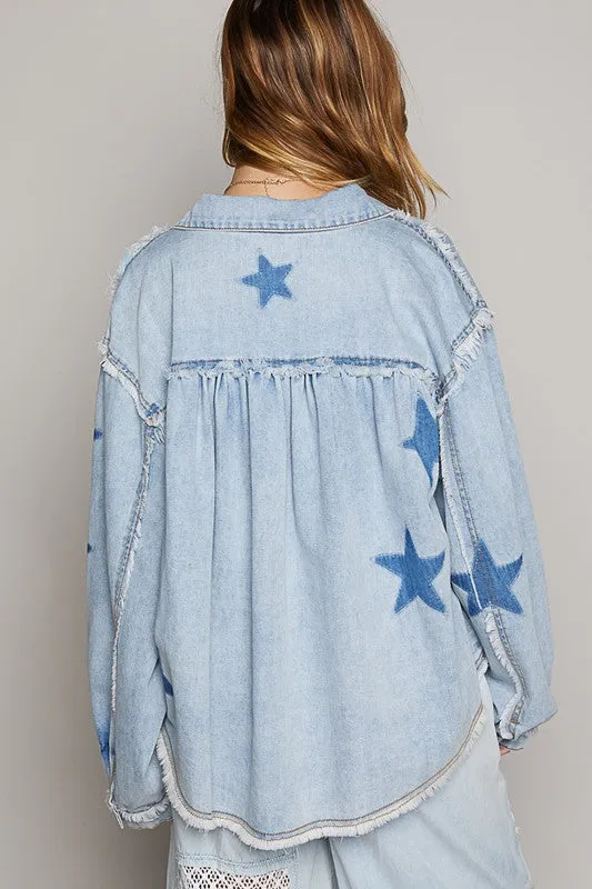 POL Oversize star prints raw edge denim shacket