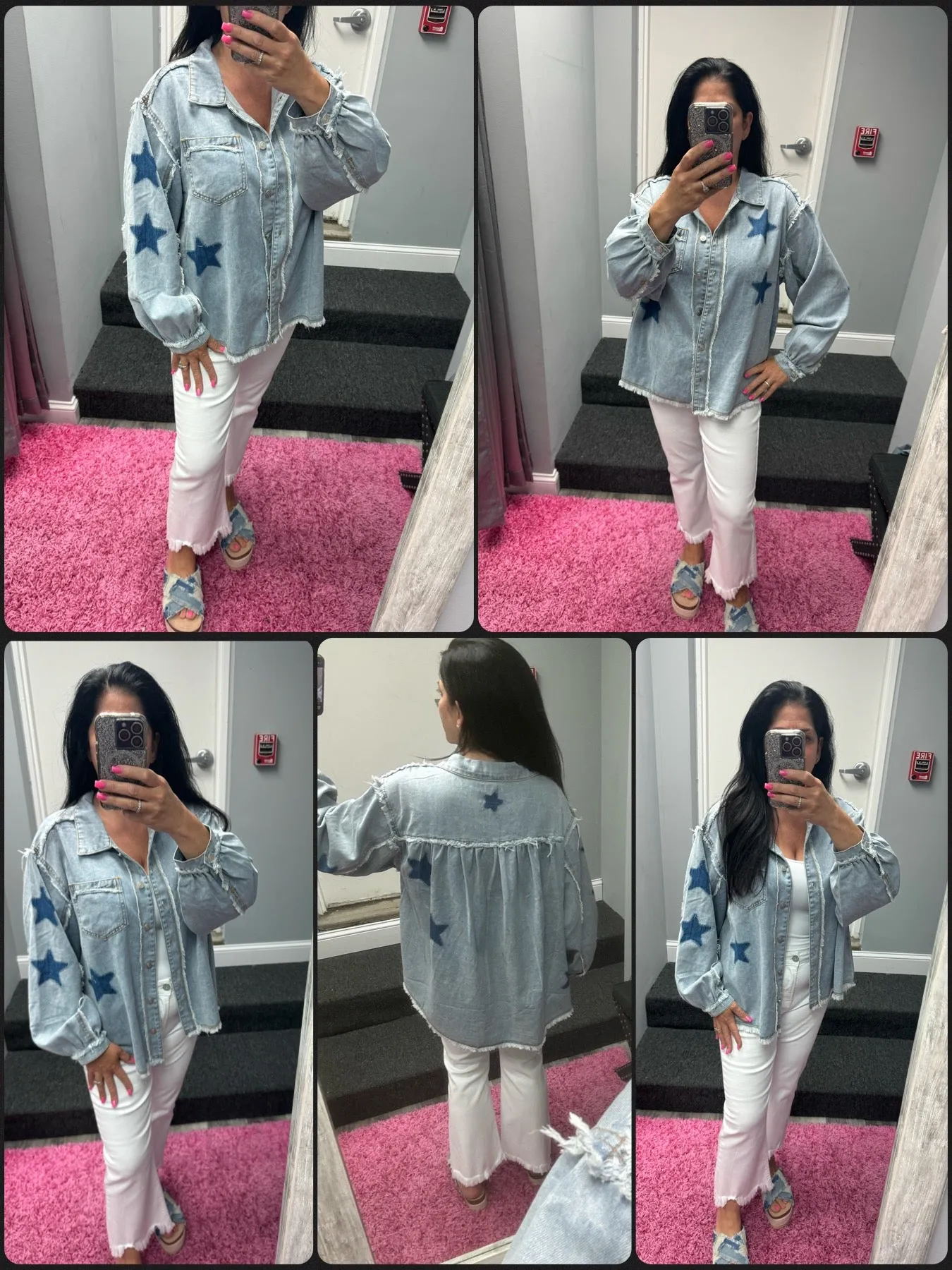 POL Oversize star prints raw edge denim shacket