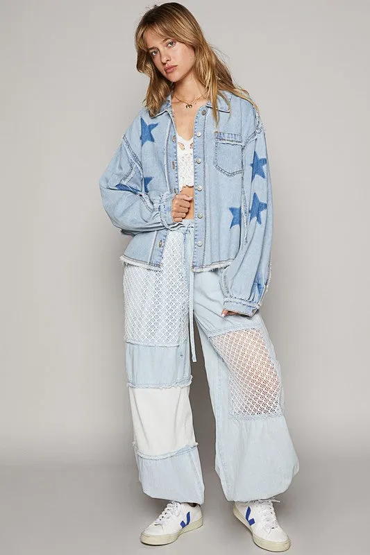 POL Oversize star prints raw edge denim shacket