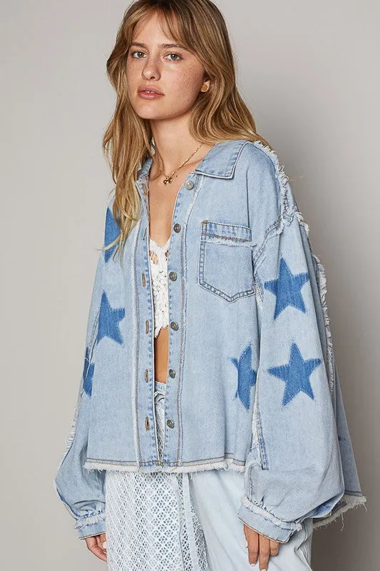 POL Oversize star prints raw edge denim shacket