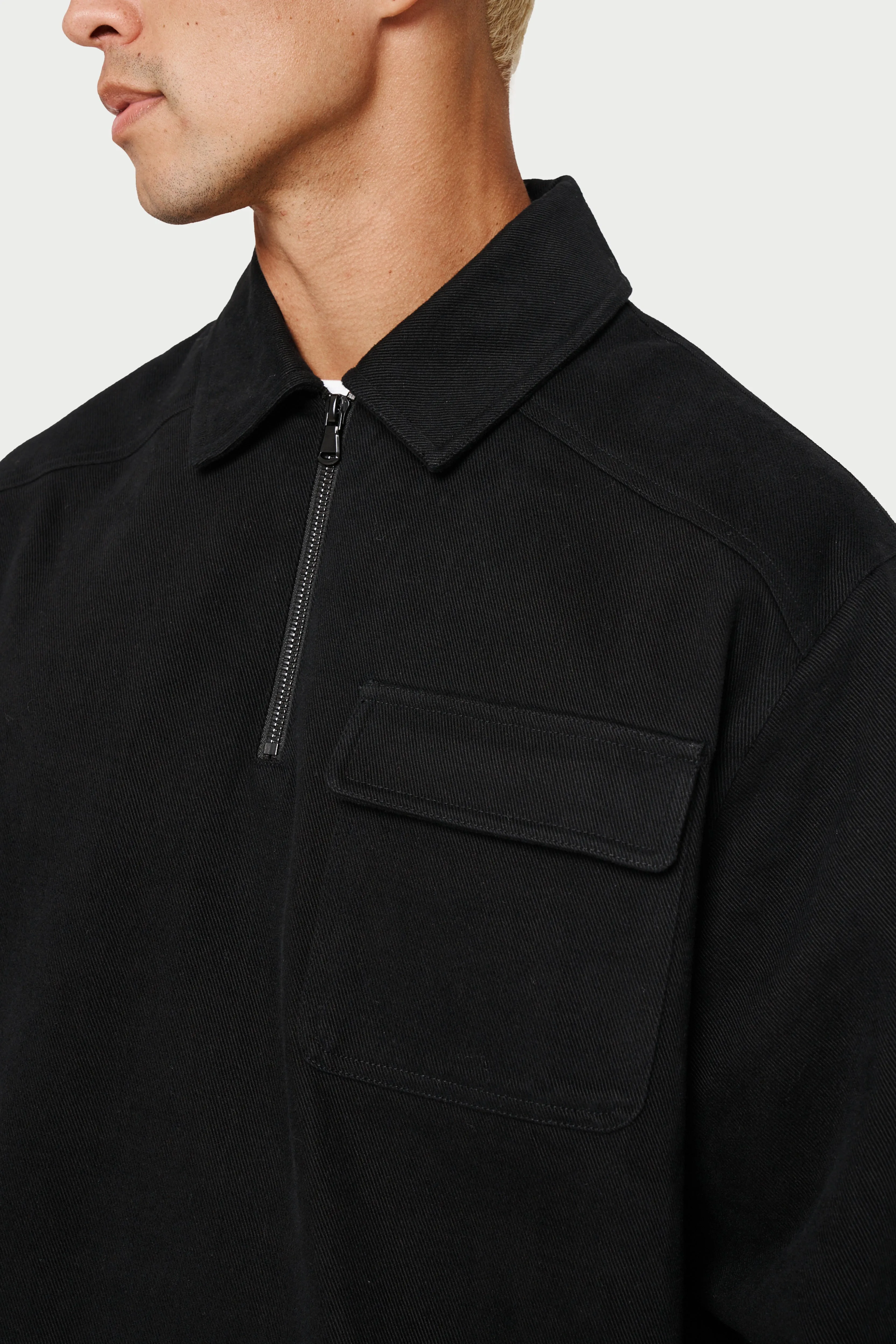 QUARTER ZIP PULL OVER SHACKET - BLACK