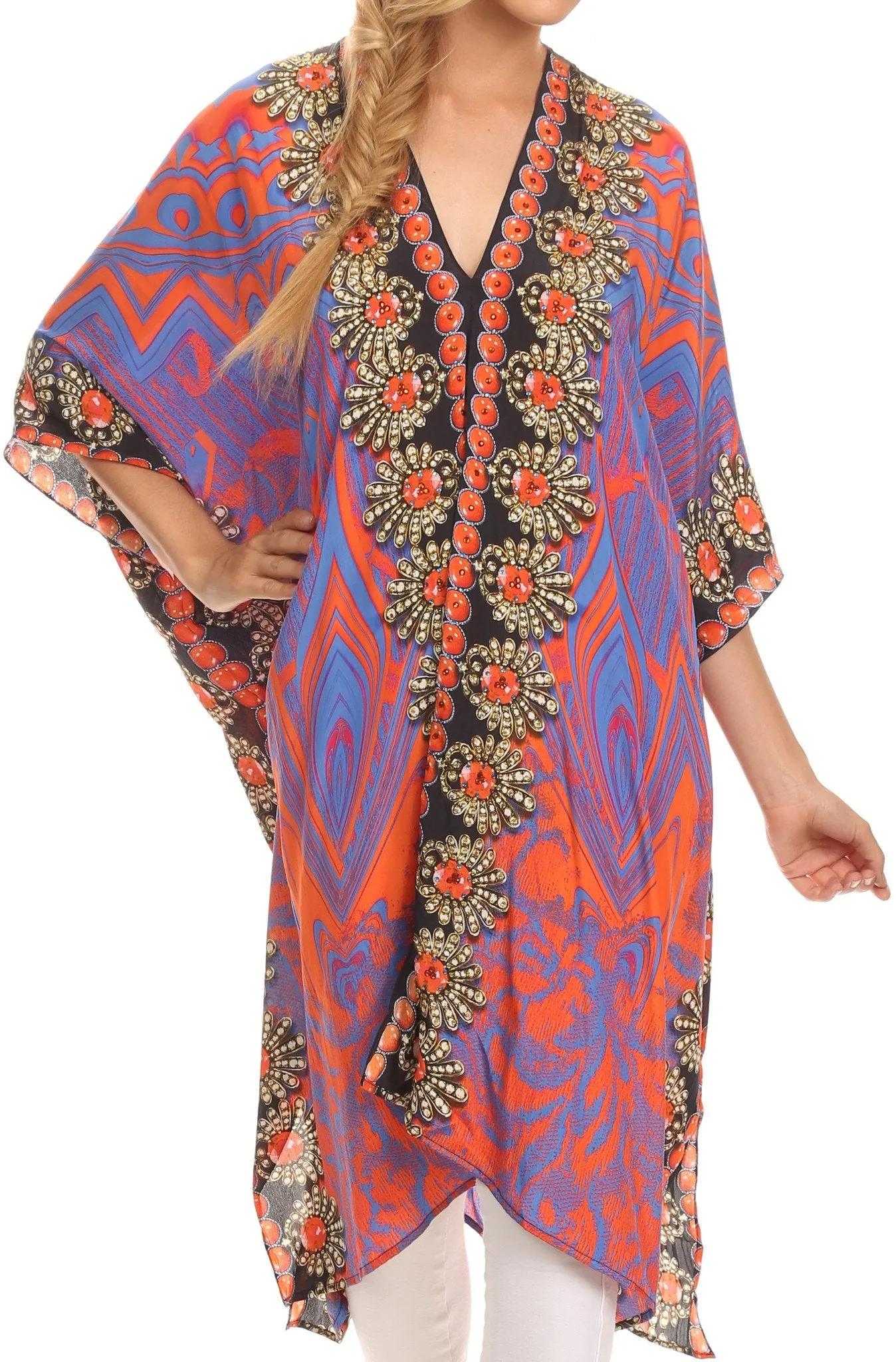 Sakkas Libra Mid Length Caftan Dress / Cover Up With Tribal Print / Rhinestones