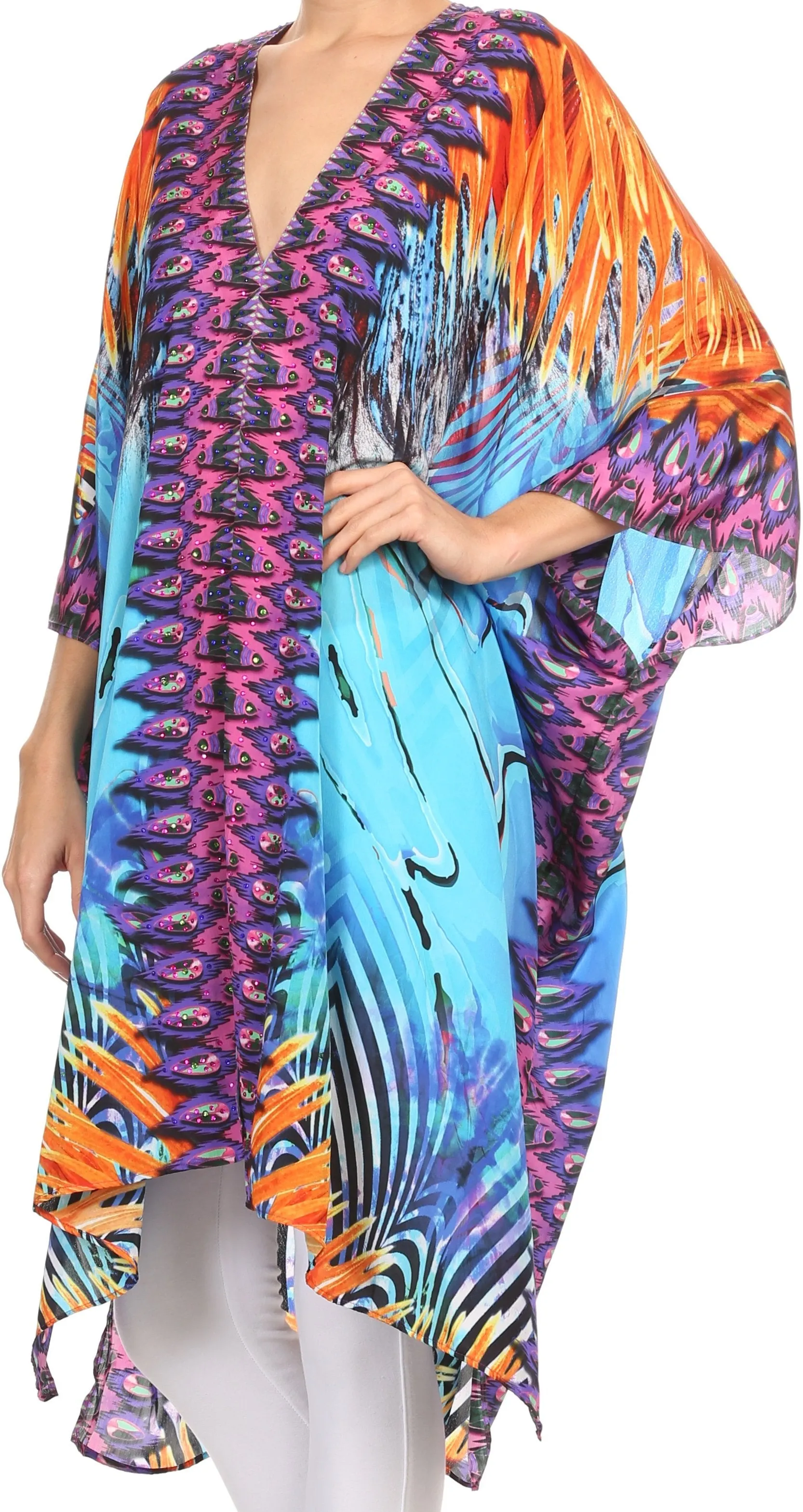 Sakkas Libra Mid Length Caftan Dress / Cover Up With Tribal Print / Rhinestones